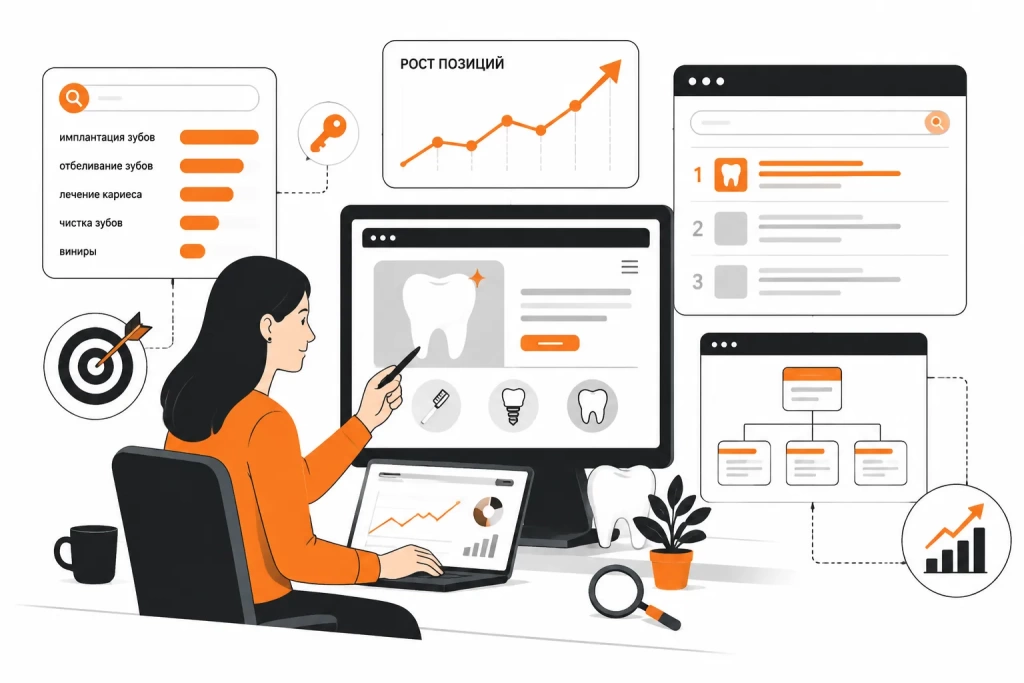 SEO продвижение сайта стоматологии с анализом ключевых запросов и ростом позиций