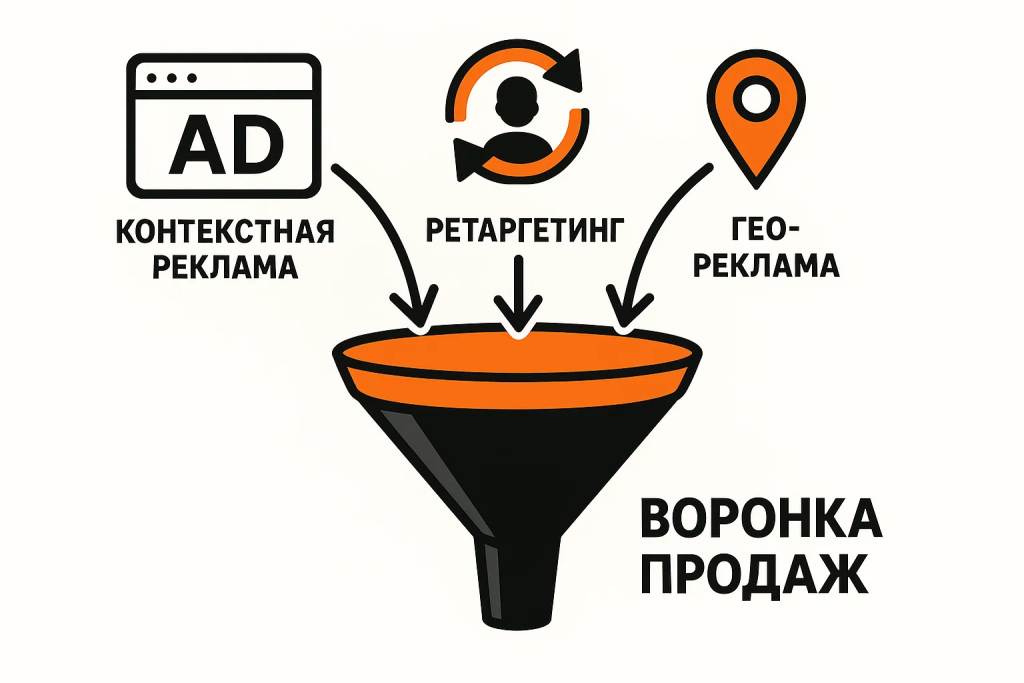 Effektivnye-reklamnye-kanaly.jpg Иллюстрация воронки продаж, демонстрирующая взаимодействие различных эффективных рекламных каналов.